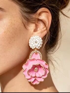 Pink & White Enamel Floral Statement Drop Earrings